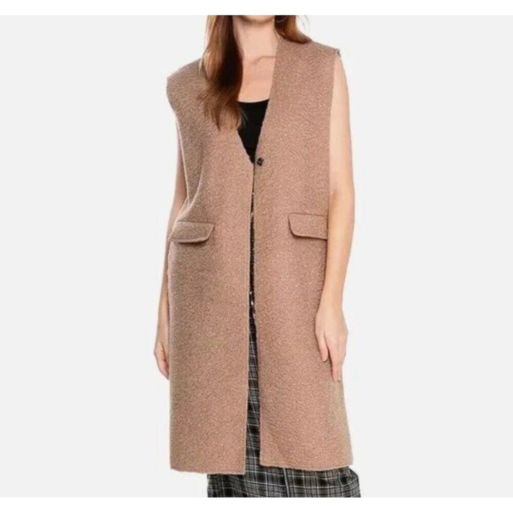 ZARA New Long Vest LARGE Bouclé Sweater Jacket Taupe Mink Brown‎ Bloggers Fave